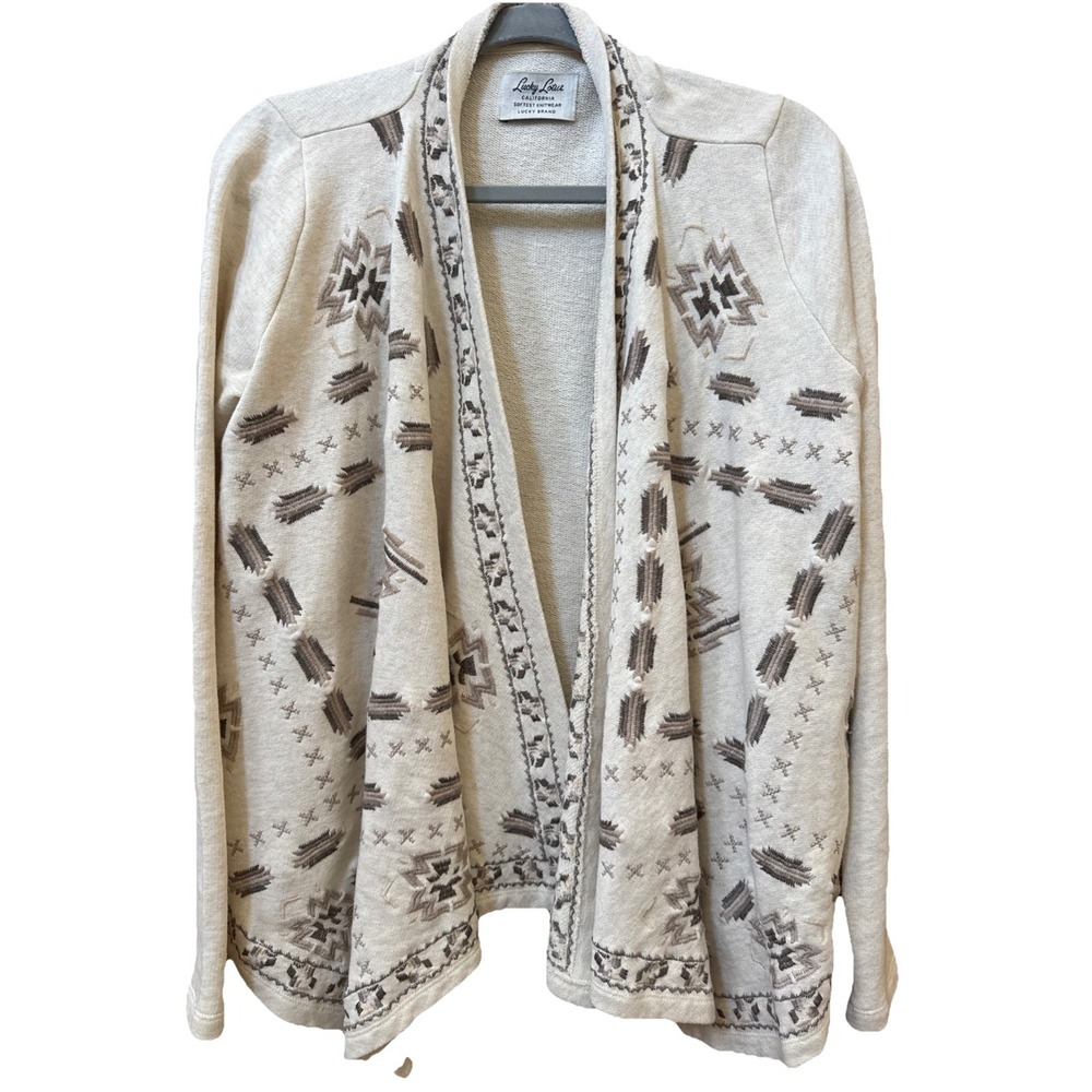 Lucky Brand Lucky Lotus Embroidered Cardigan Womens Size Small‎ Beige Boho Aztec